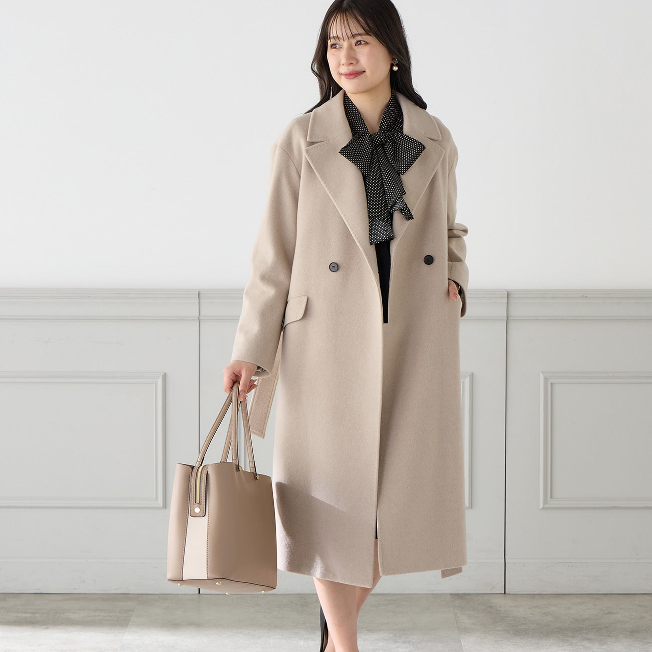 Japanese Fabric Long Coat with Belt Beige [A30_HO224LAN13