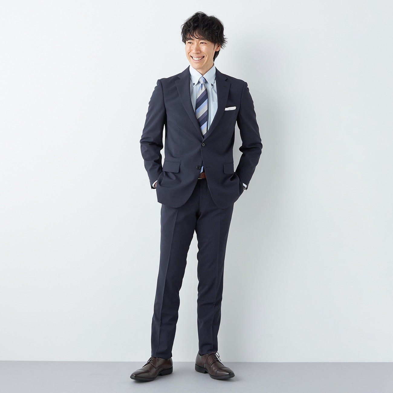 JOURNAL WORKS Navy Blue Woven Stripe Slim Suit [Recycled Material]