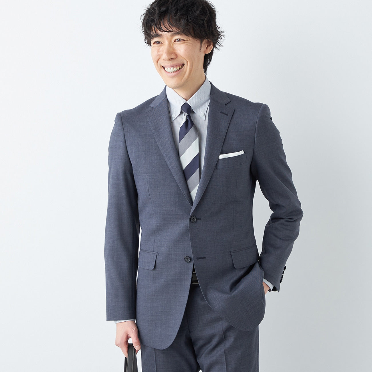 LES MUES Washable Stretch Navy Blue Woven Pattern British Slim Suit [Recycled Material]