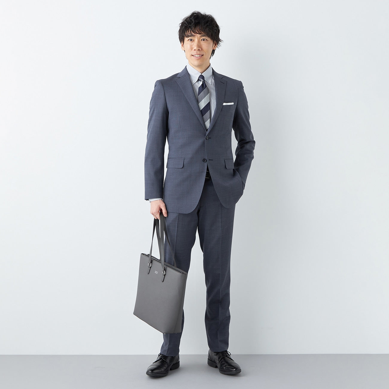 LES MUES Washable Stretch Navy Blue Woven Pattern British Slim Suit [Recycled Material]