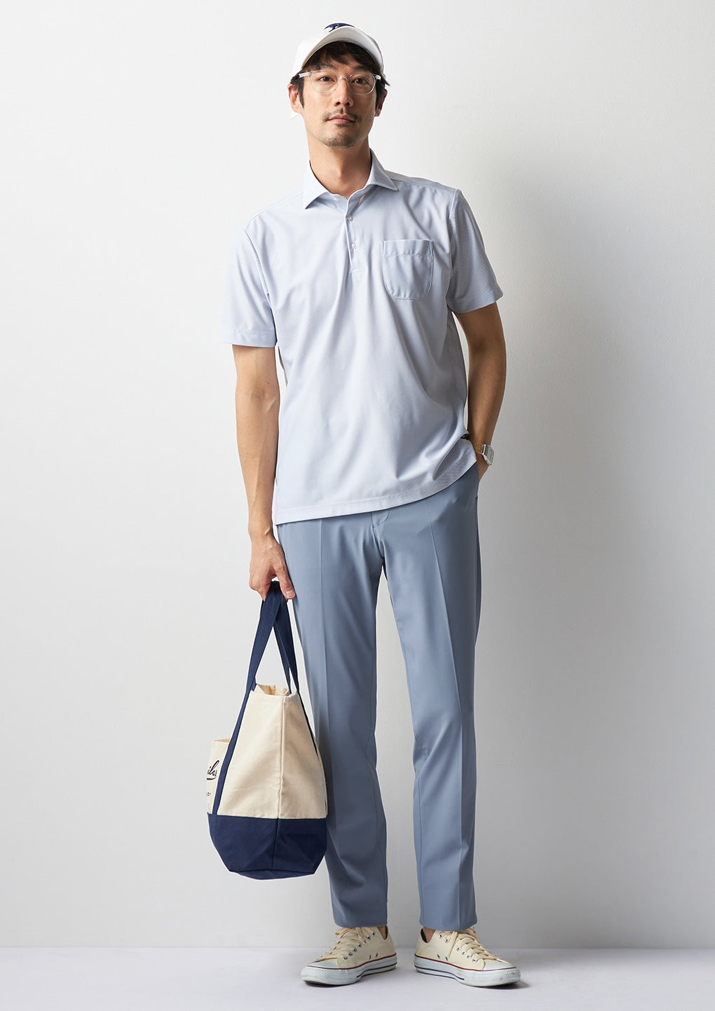 菱形编织宽领 Polo 衫 -深蓝