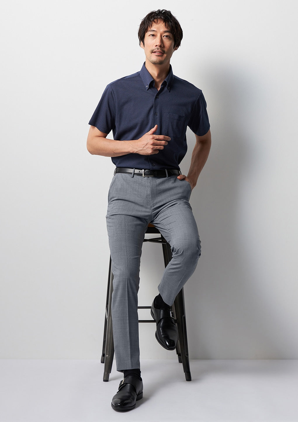 Sashiko 纽扣前襟 Skipper Polo 衫 -深蓝