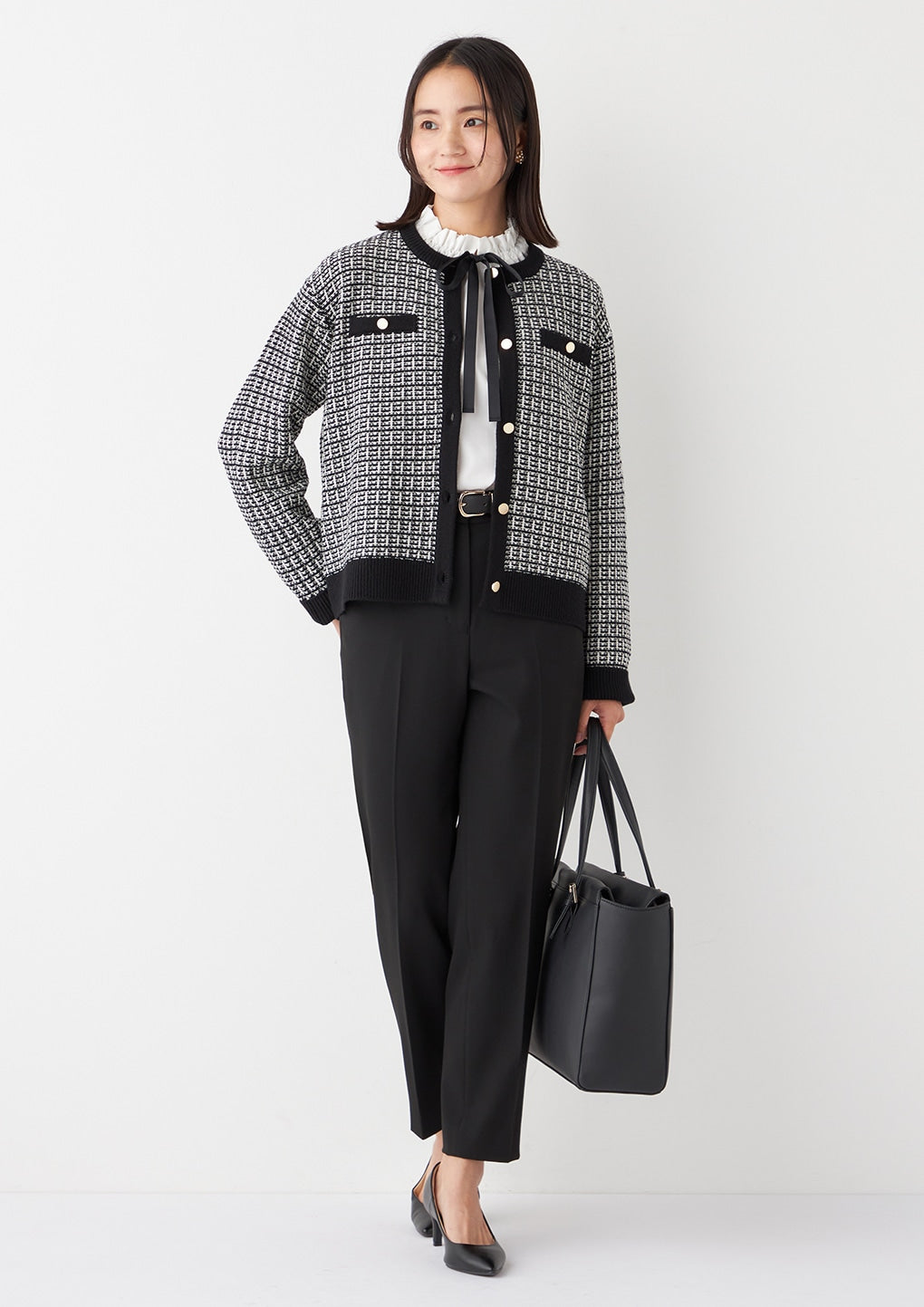 粗花呢针织外套 - 白色/黑色_34