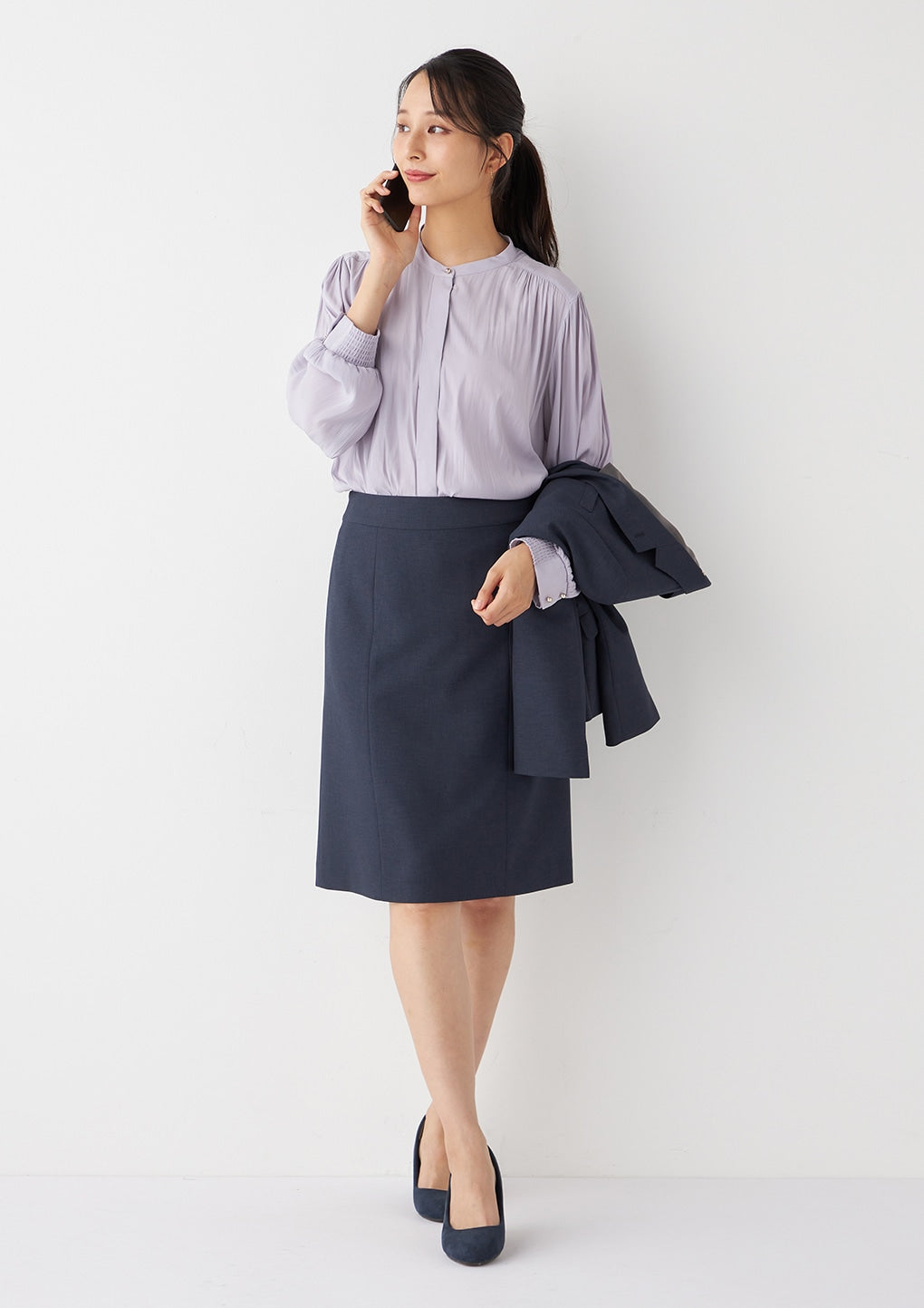 彈性可機洗西裝裙 深藍