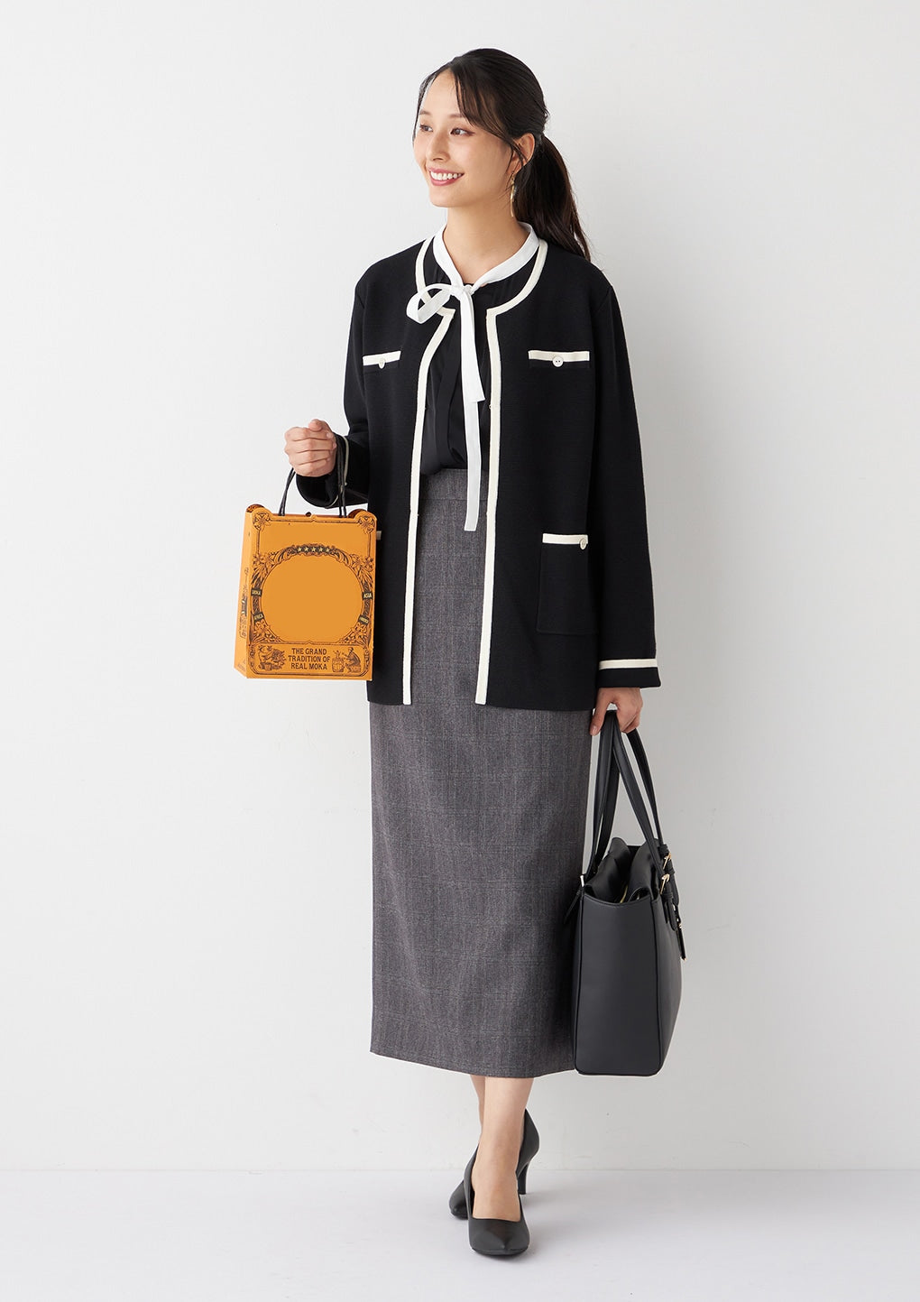 撞色中长款针织外套