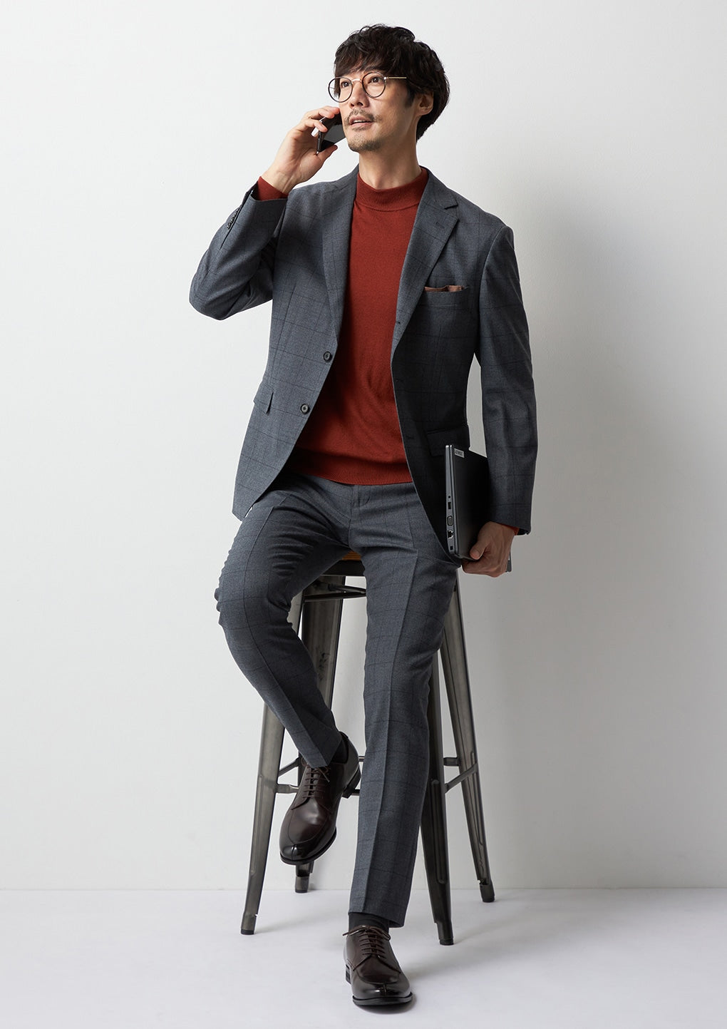 Windowpane Milled Wool Matching Pants - Medium灰