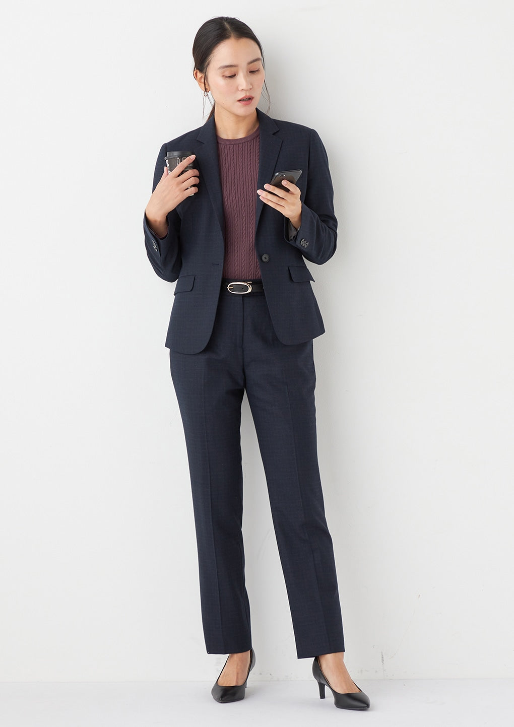 可机洗弹力羊毛磨毛格纹锥形裤 -深蓝