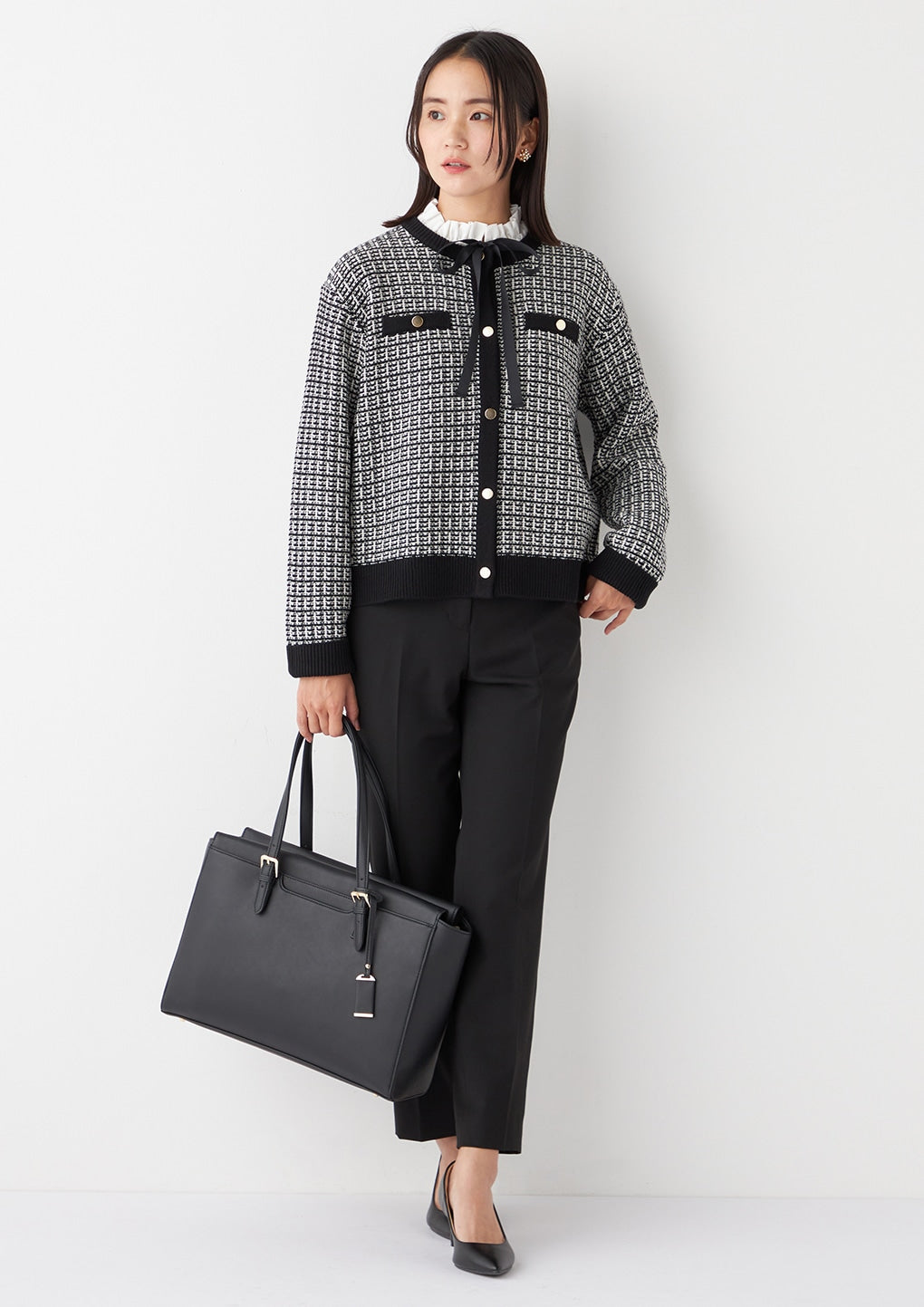 粗花呢针织外套 - 白色/黑色_32