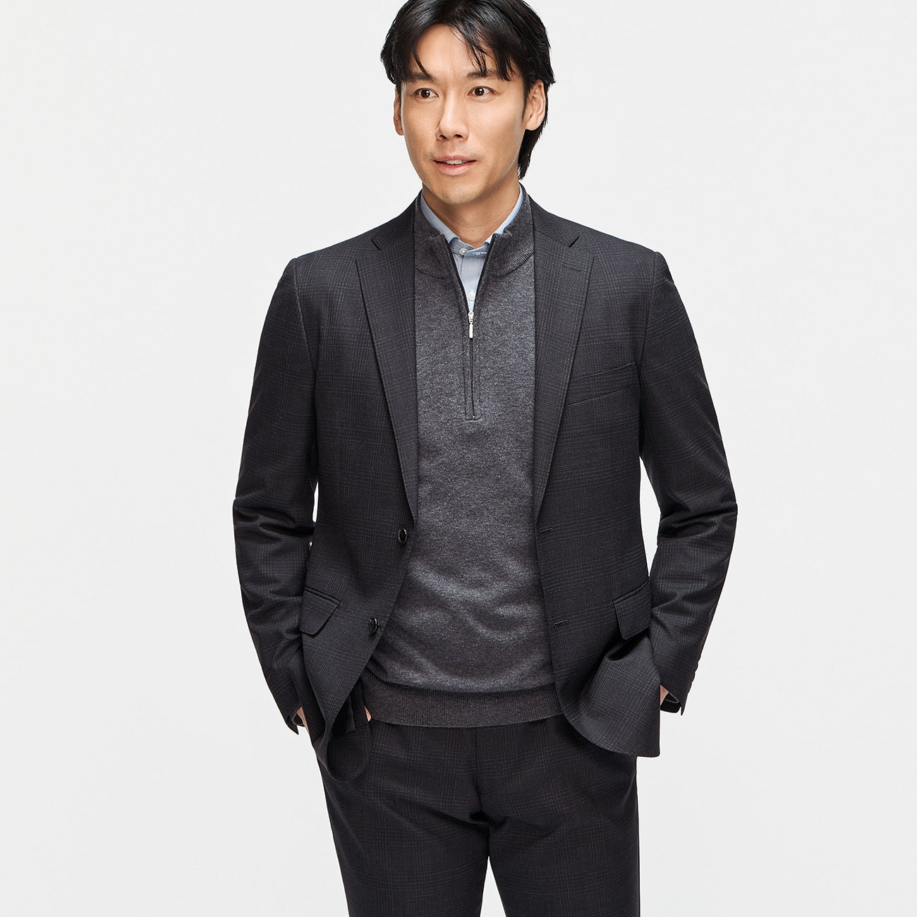 可機洗 Glen-plaid Slim Fit Suit -濃灰 灰
