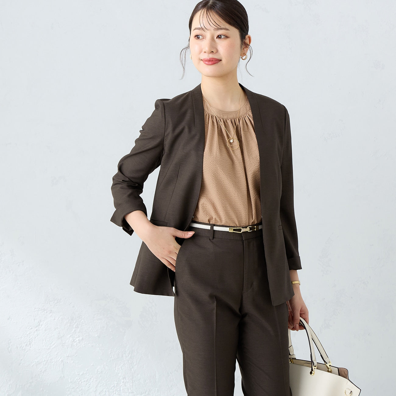 Linen-like Collarless Jacket - Brown_01