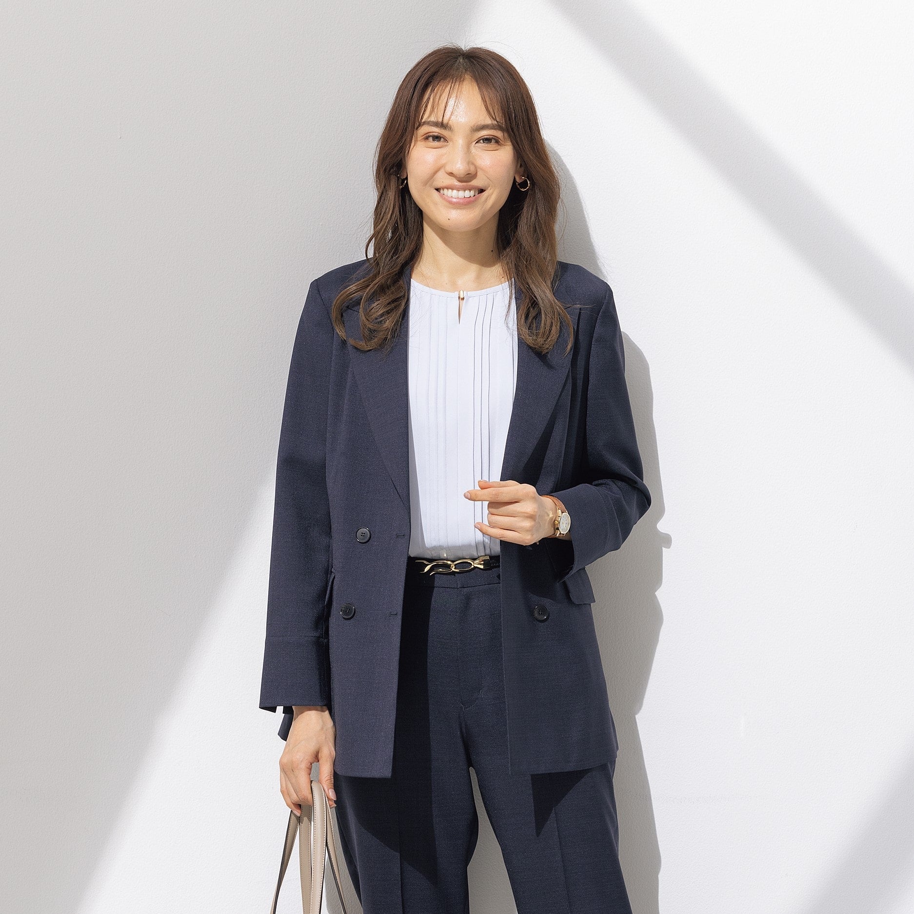 Linen-like Double Breasted Jacket - Navy_01