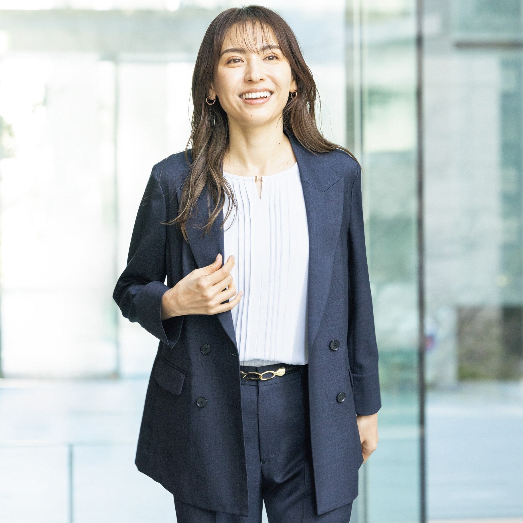 Linen-like Double Breasted Jacket - Navy_02