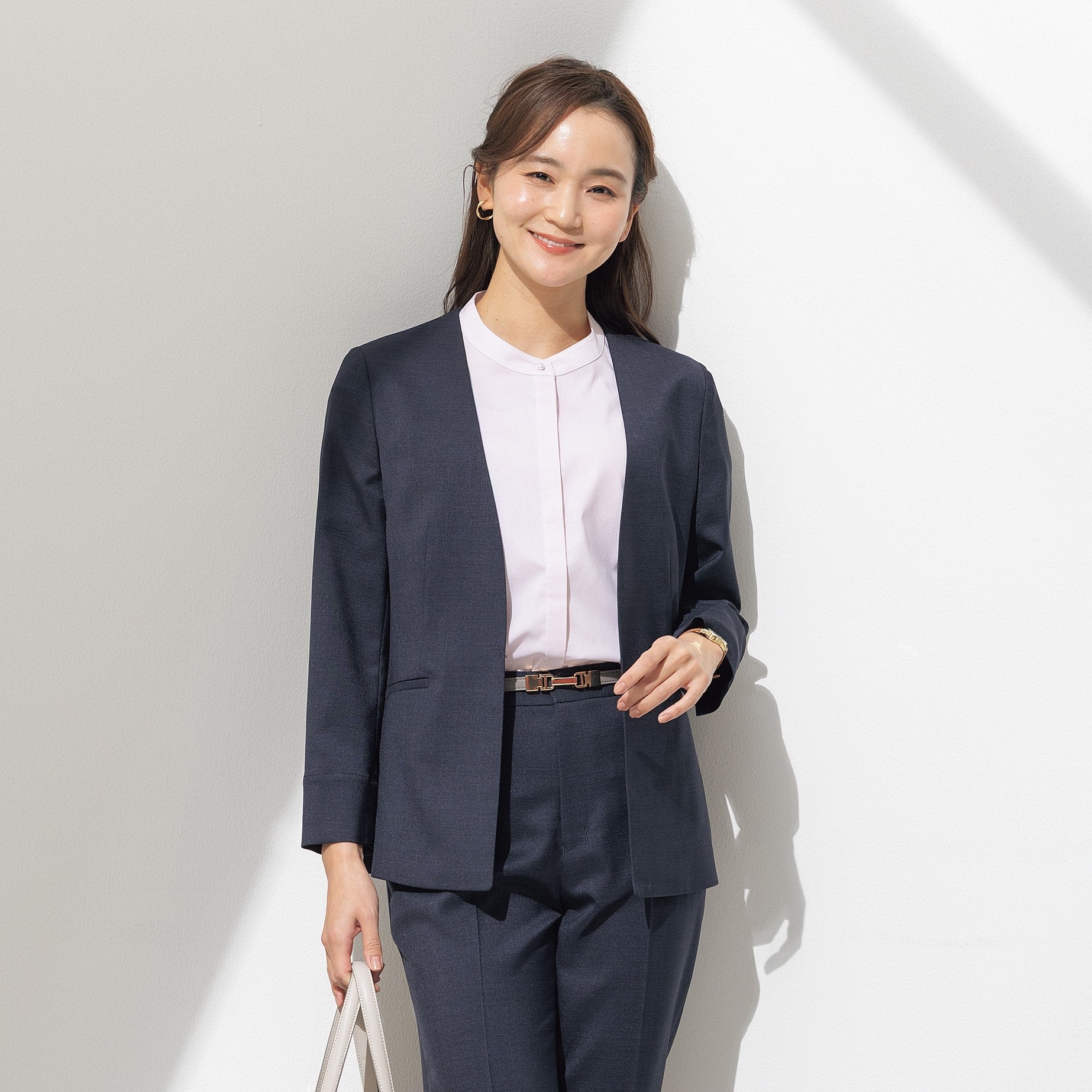 Linen-like Collarless Jacket - Navy_01