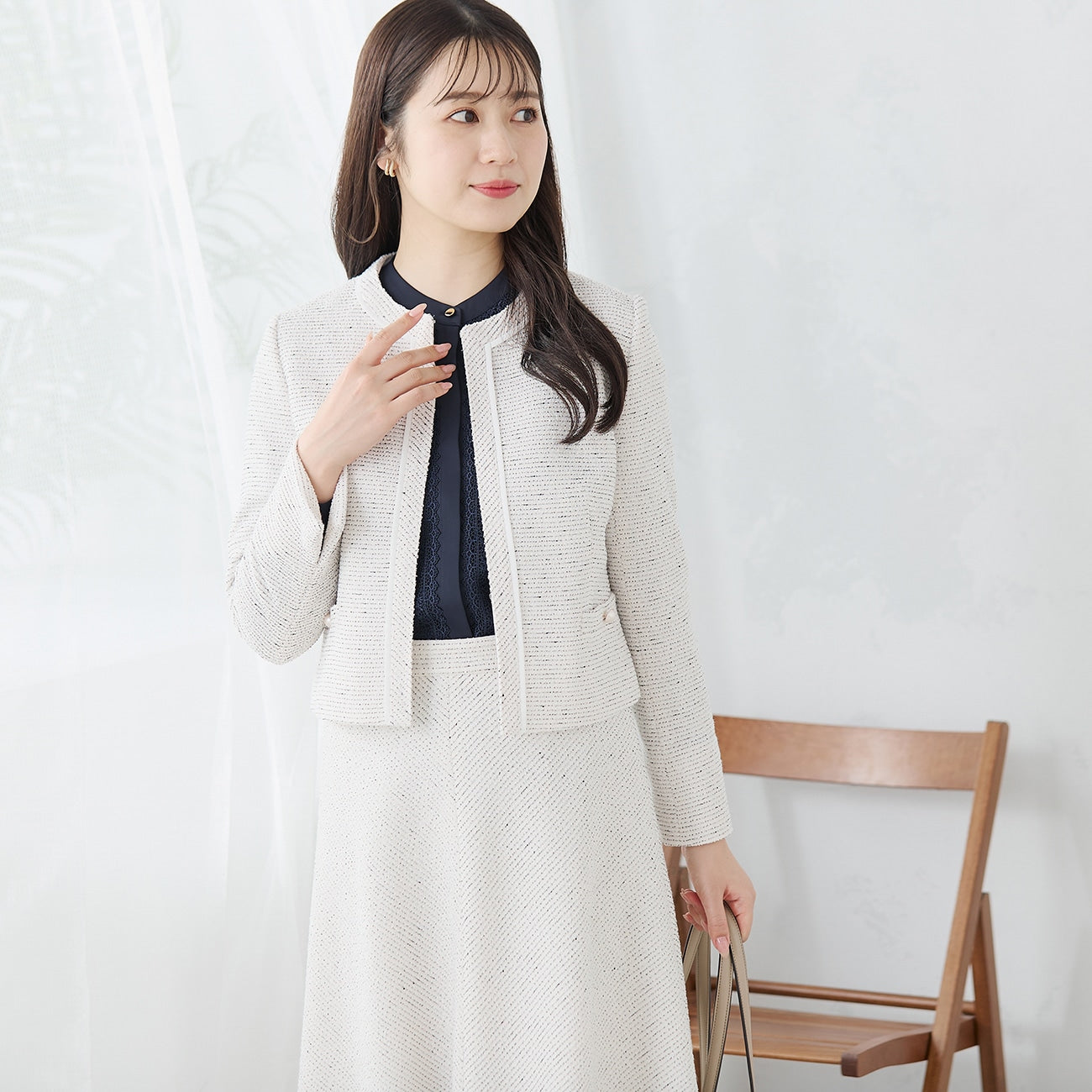 Knit Tweed Collarless Jacket - Off White_01