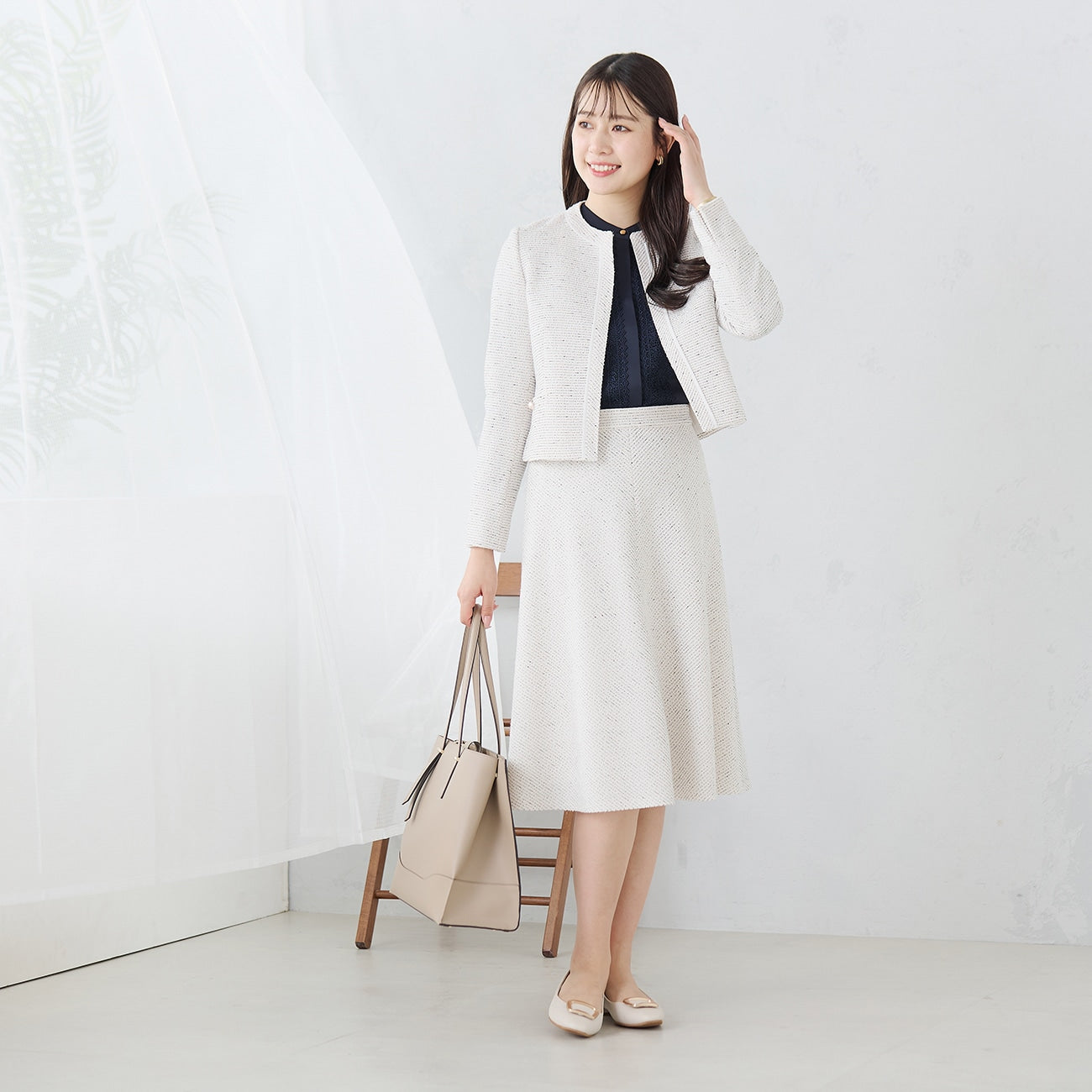 Knit Tweed Collarless Jacket - Off White_02