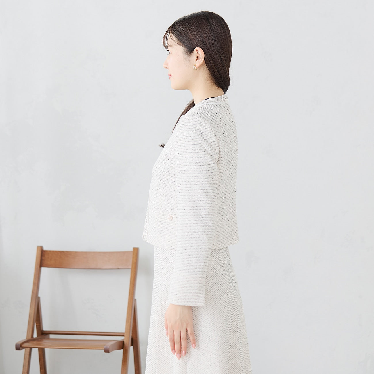 Knit Tweed Collarless Jacket - Off White_03