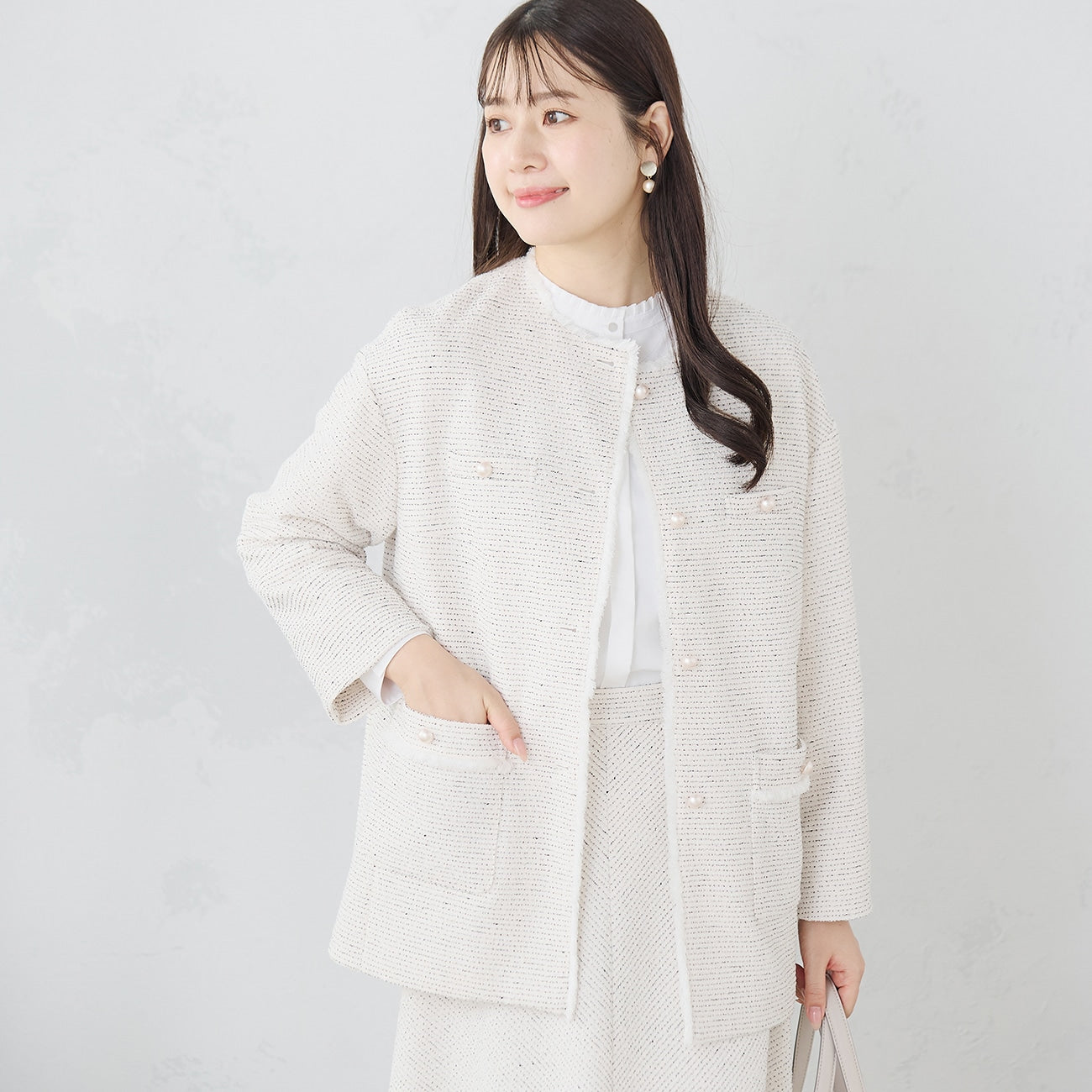 Knit Tweed Collarless Long Jacket - Off White_01