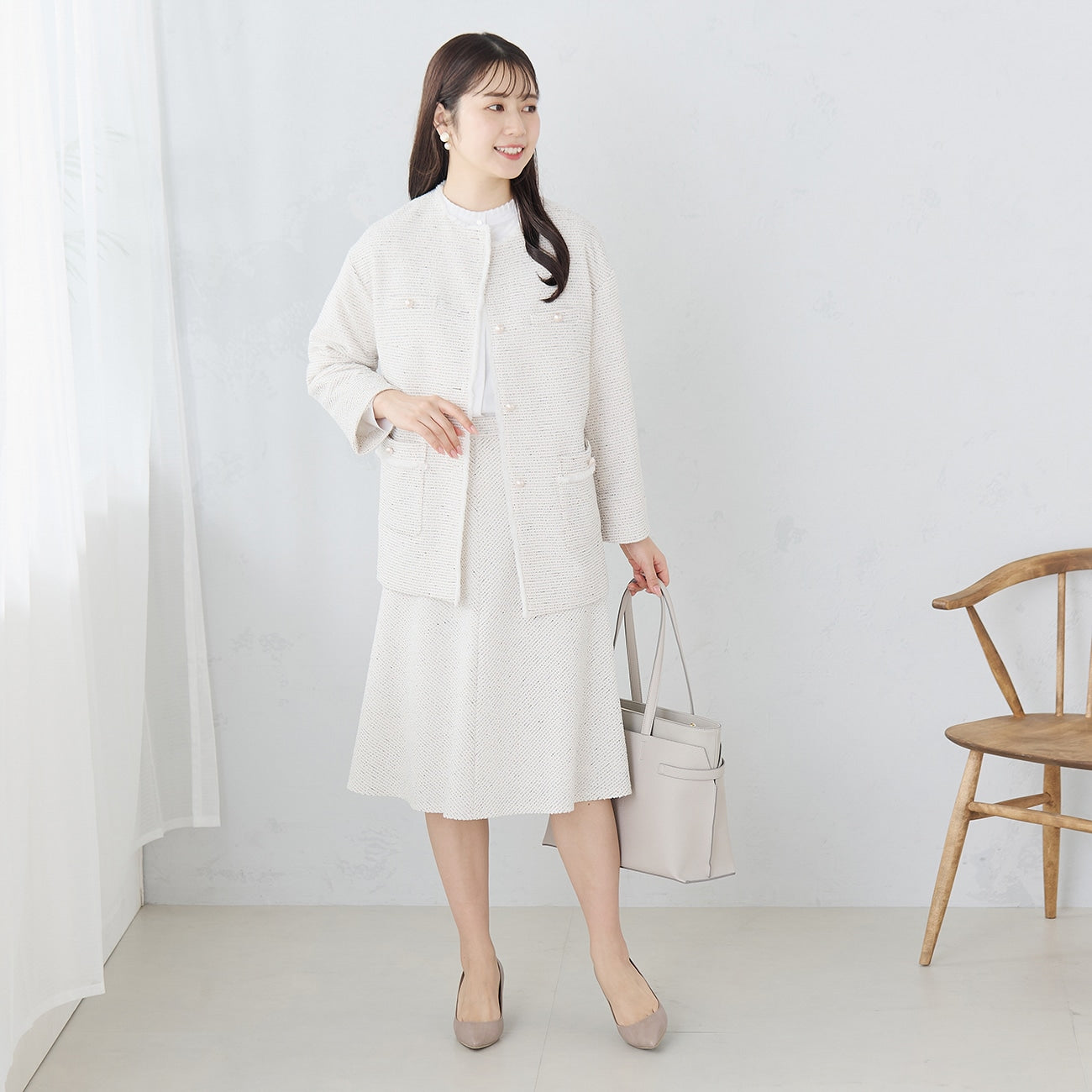 Knit Tweed Collarless Long Jacket - Off White_02