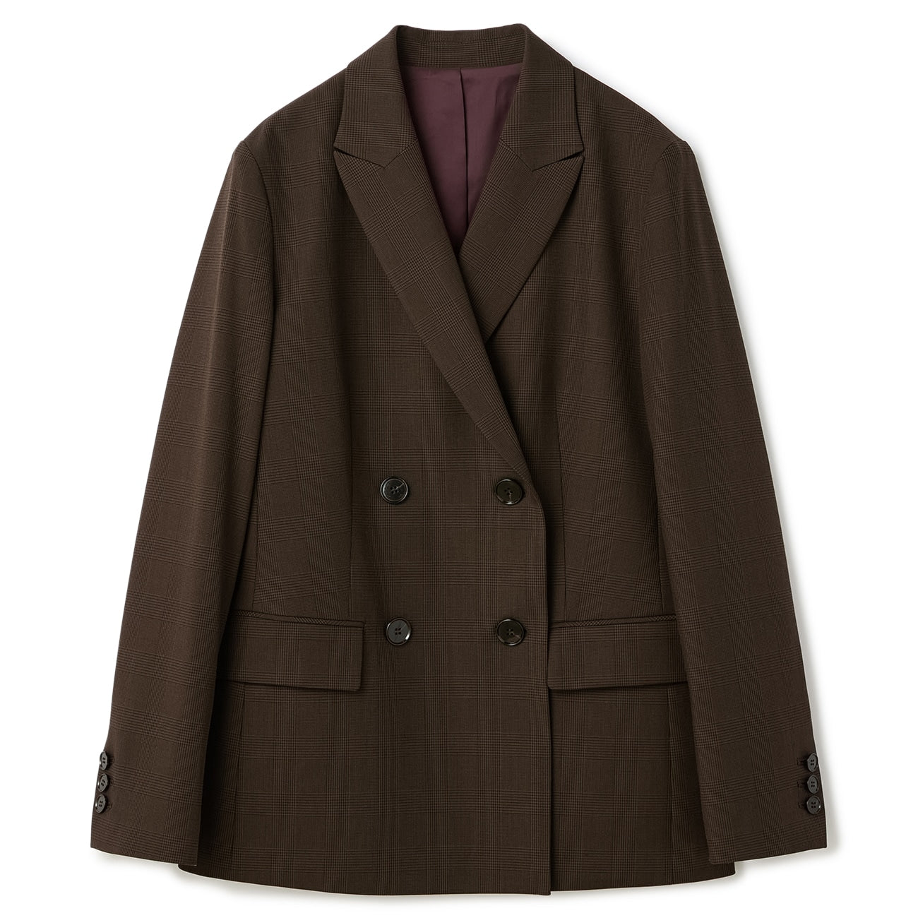 弹力格纹双排扣外套 - Brown_09