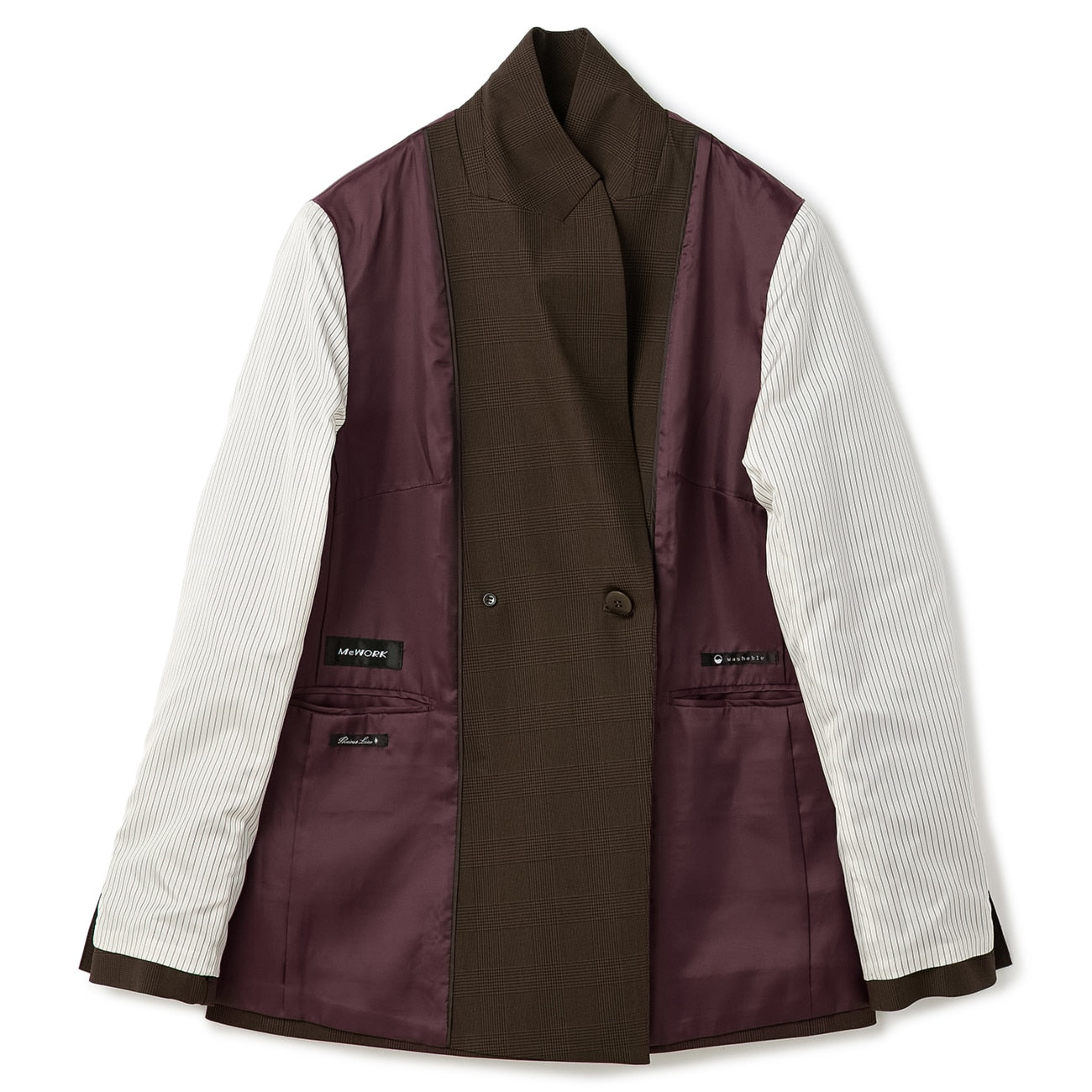 弹力格纹双排扣外套 - Brown_14