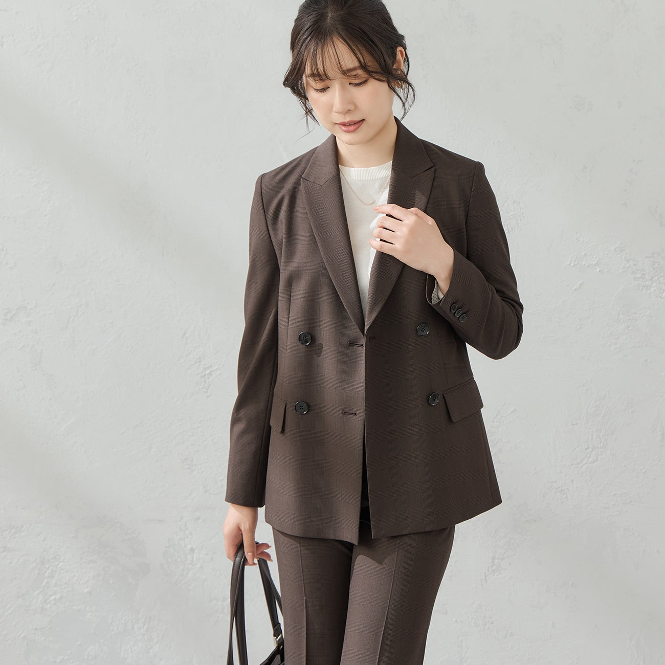 弹力格纹双排扣外套 - Brown_04