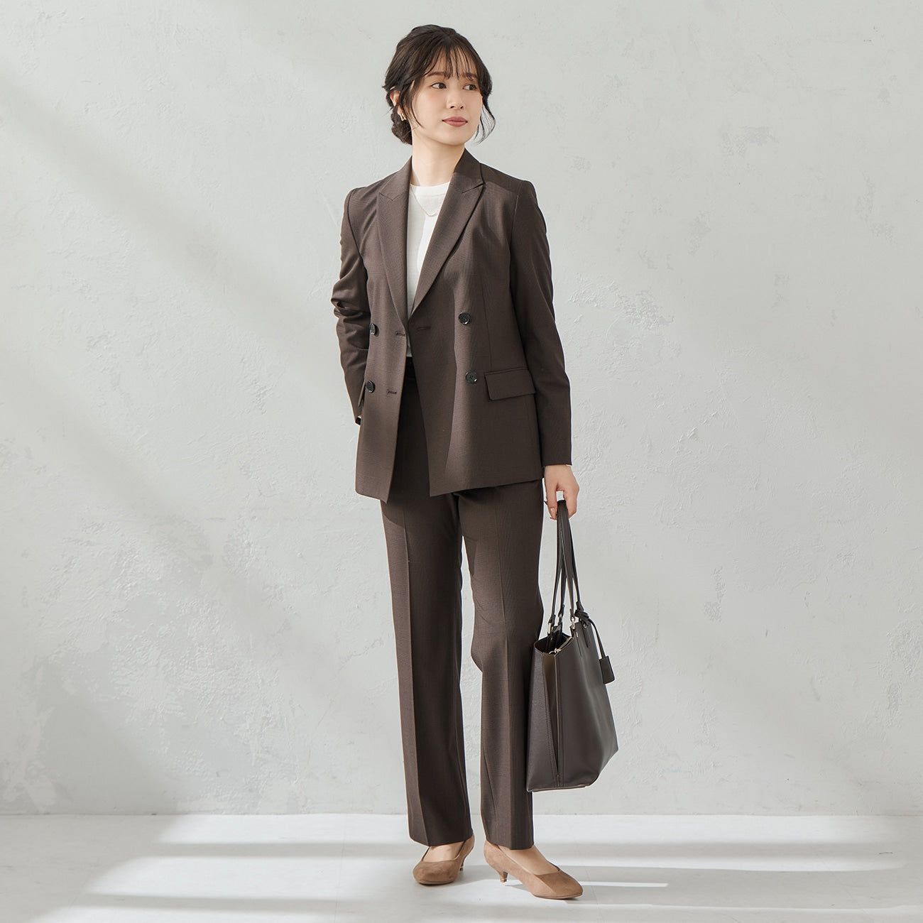 弹力格纹双排扣外套 - Brown_03