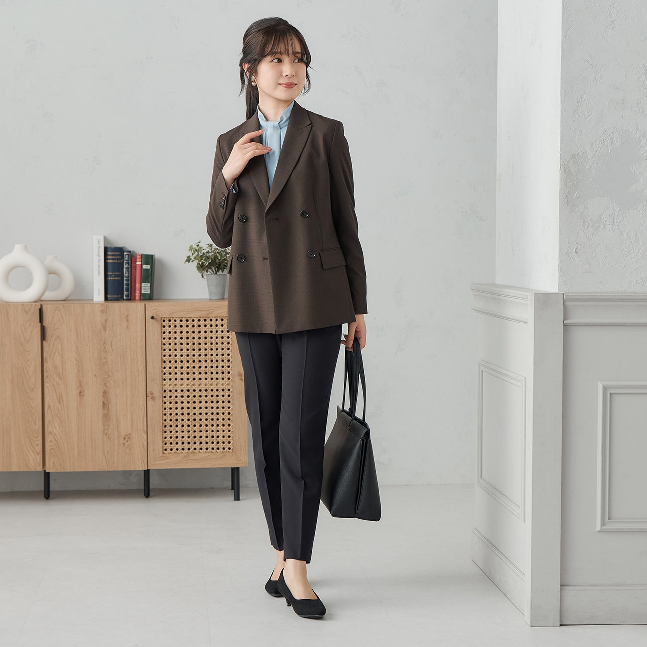 弹力格纹双排扣外套 - Brown_05