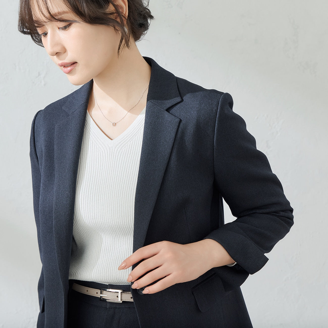 Tweed-Like鱼骨纹 Tailored外套 -深蓝