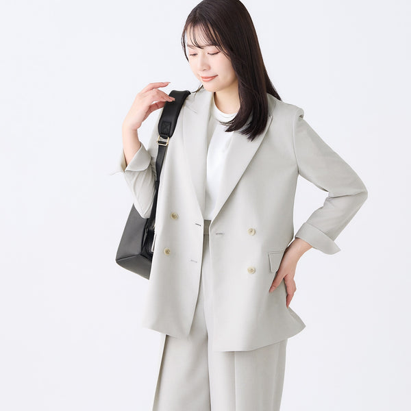 Washable Stretch Linen-Like Double-Breasted Jacket - Light Gray