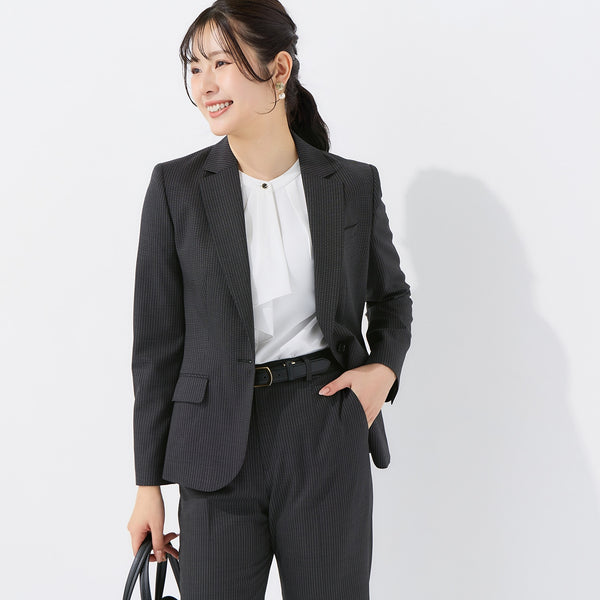 Stretch High-Quality Wool Blend Stripe Tailored Jacket - Black