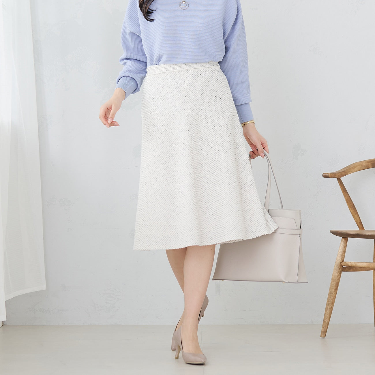 Knit Tweed Flare Skirt - Off White_01