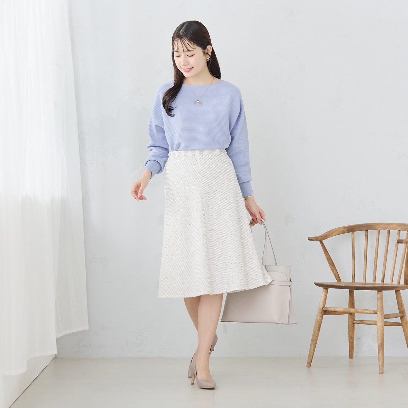 Knit Tweed Flare Skirt - Off White_02