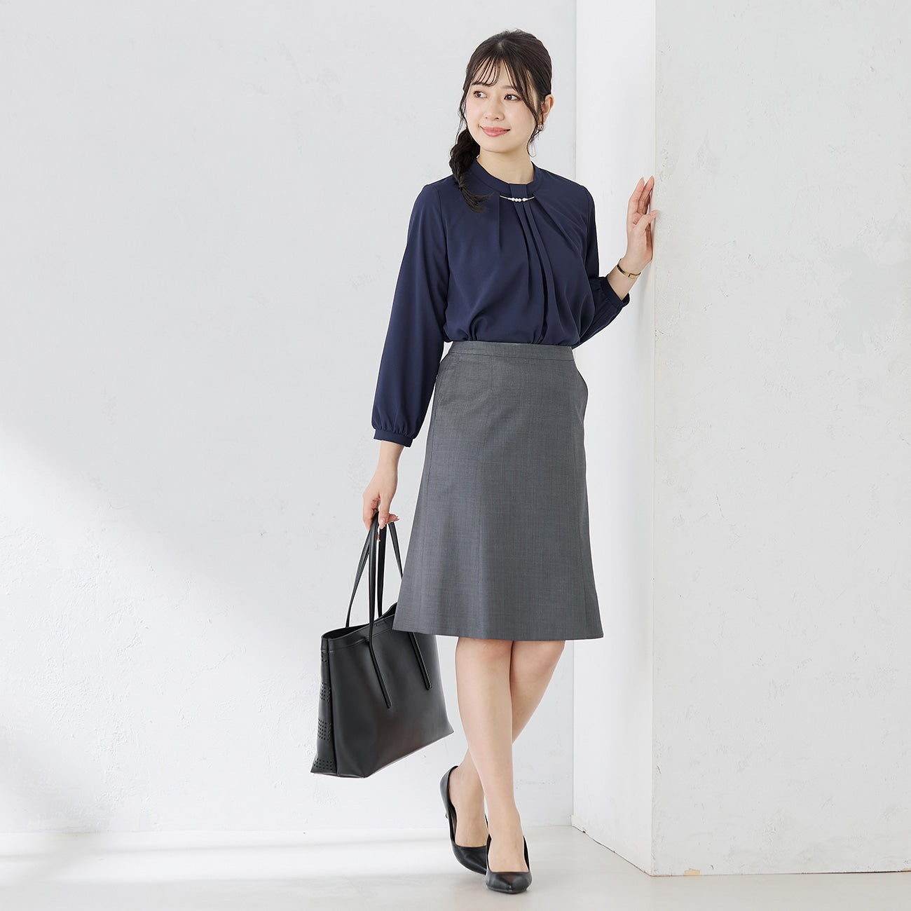 Pin Dot Semi-flare Skirt - Gray_02