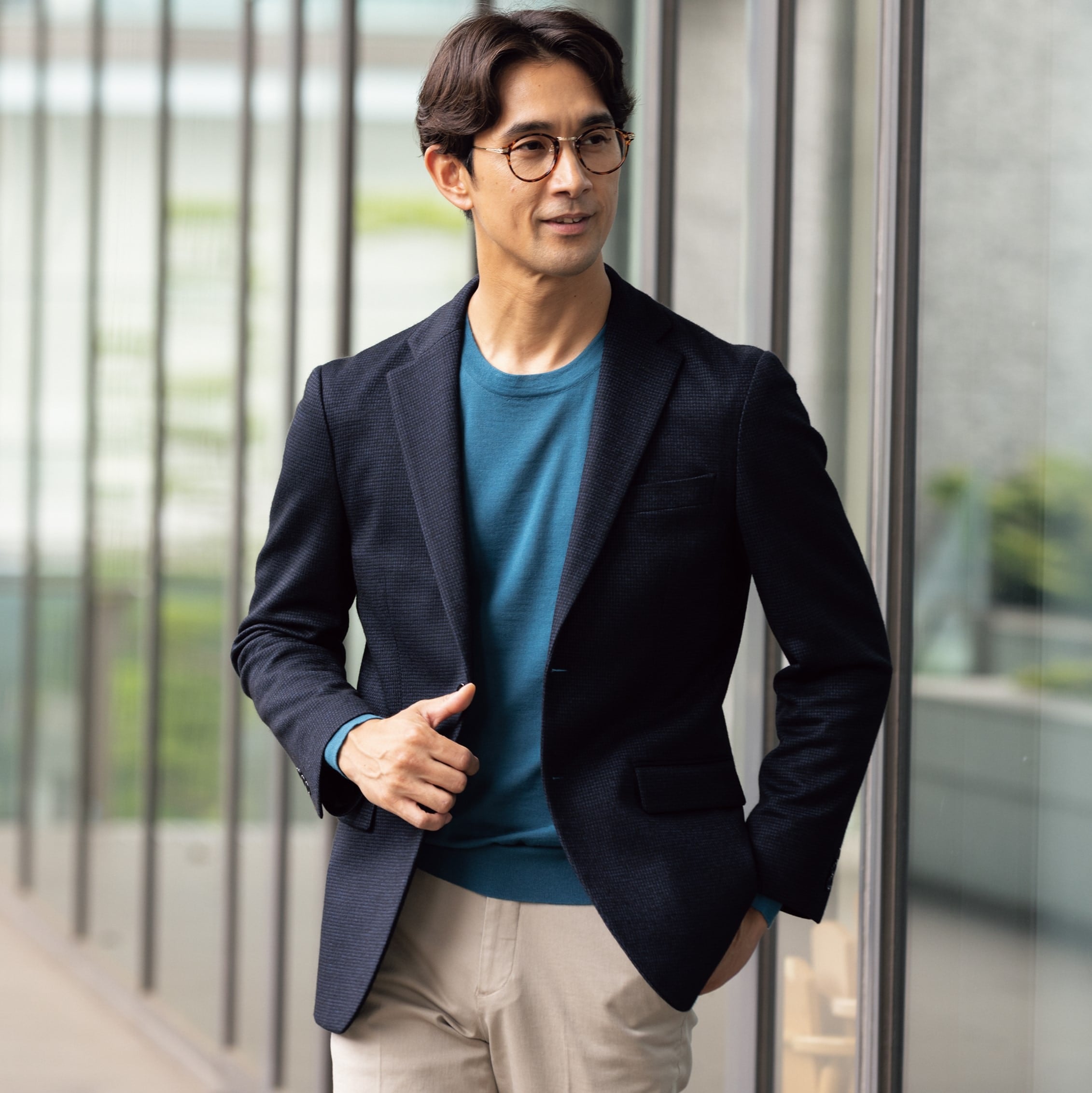 Bishu Japanese Wool混纺 Houndstooth Knit外套 -深蓝