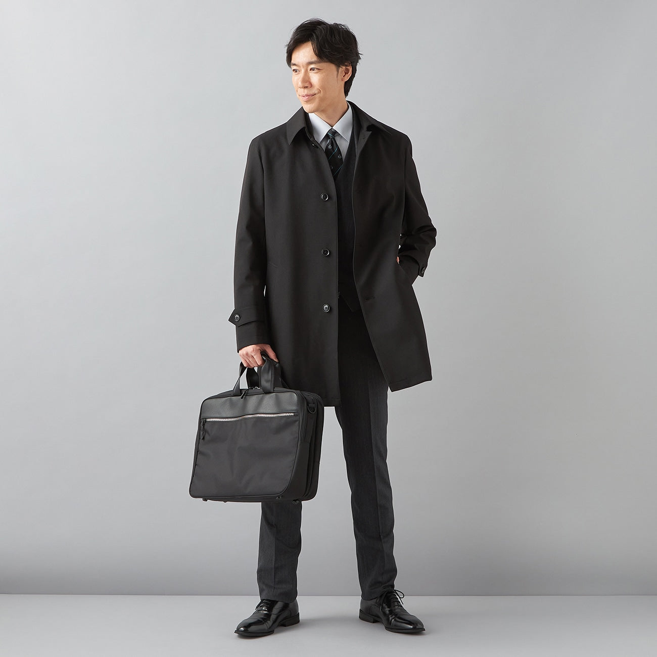 Water Repellent Black Balmacaan Coat