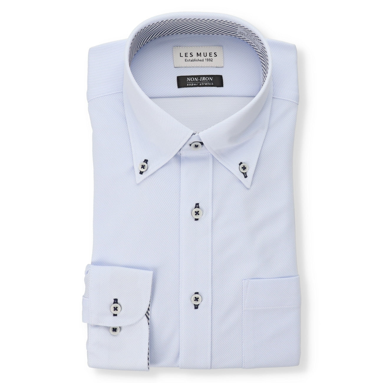 免燙超彈力鈕扣鈕扣領 衫 - 藍色_01