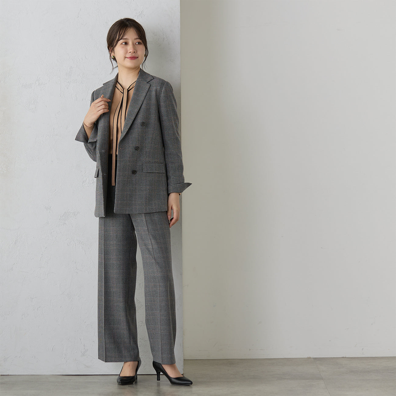 Tweed Stretch Black and White Check Wide Pants_03