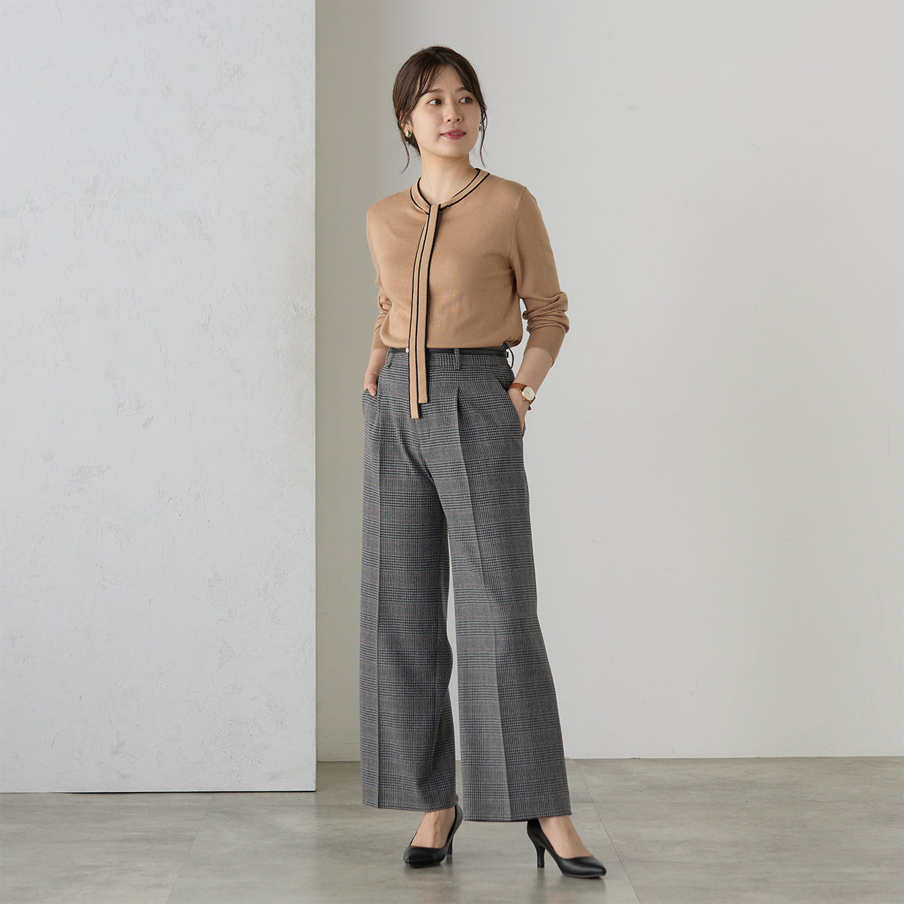 Tweed Stretch Black and White Check Wide Pants_04