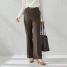 弹力格纹喇叭裤 - Brown_01