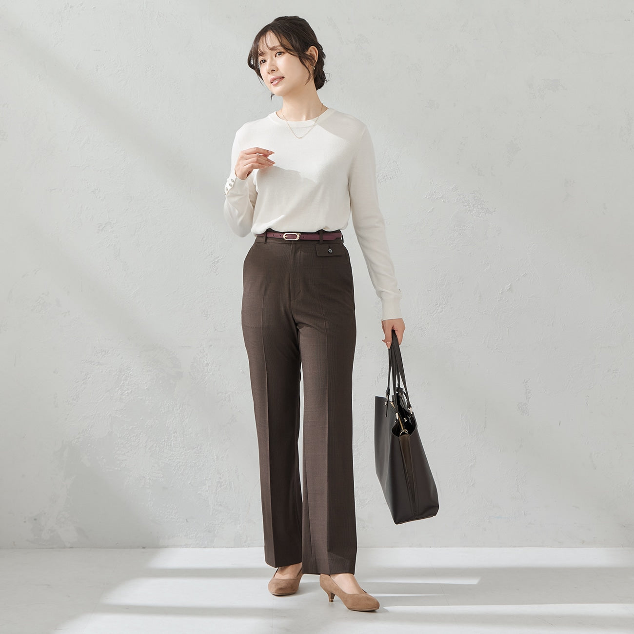 弹力格纹喇叭裤 - Brown_02