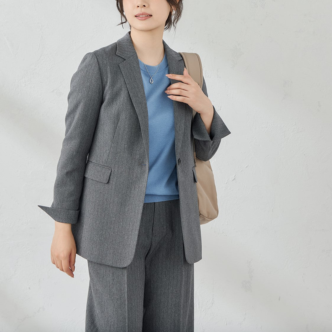 粗花呢鱼骨纹 宽松长裤 -灰