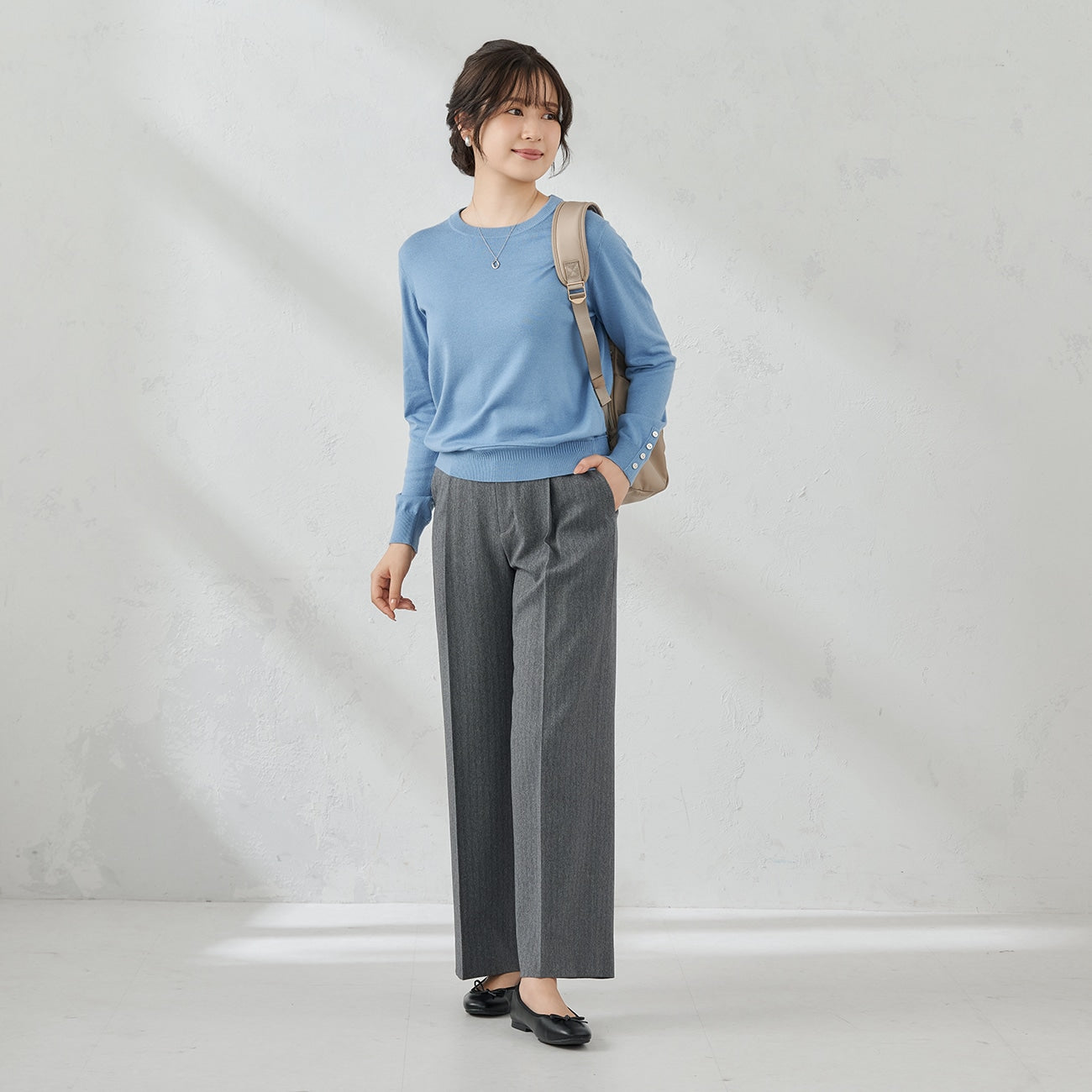 粗花呢鱼骨纹 宽松长裤 -灰