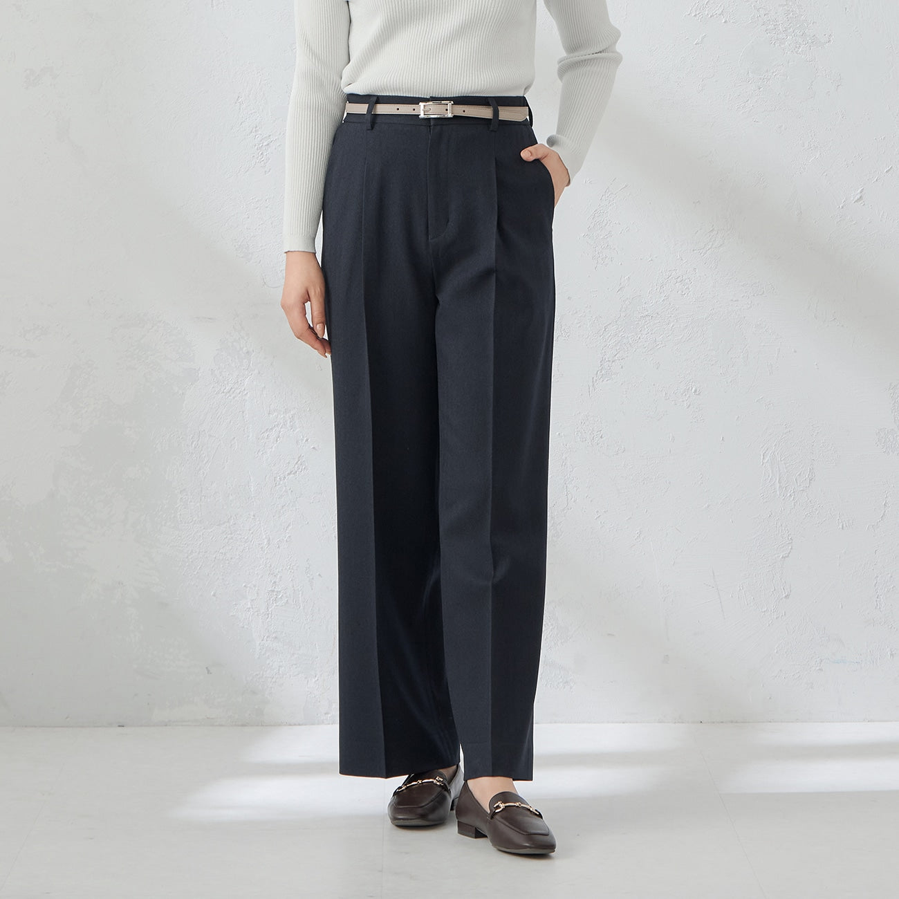 粗花呢鱼骨纹 宽松长裤 -深蓝