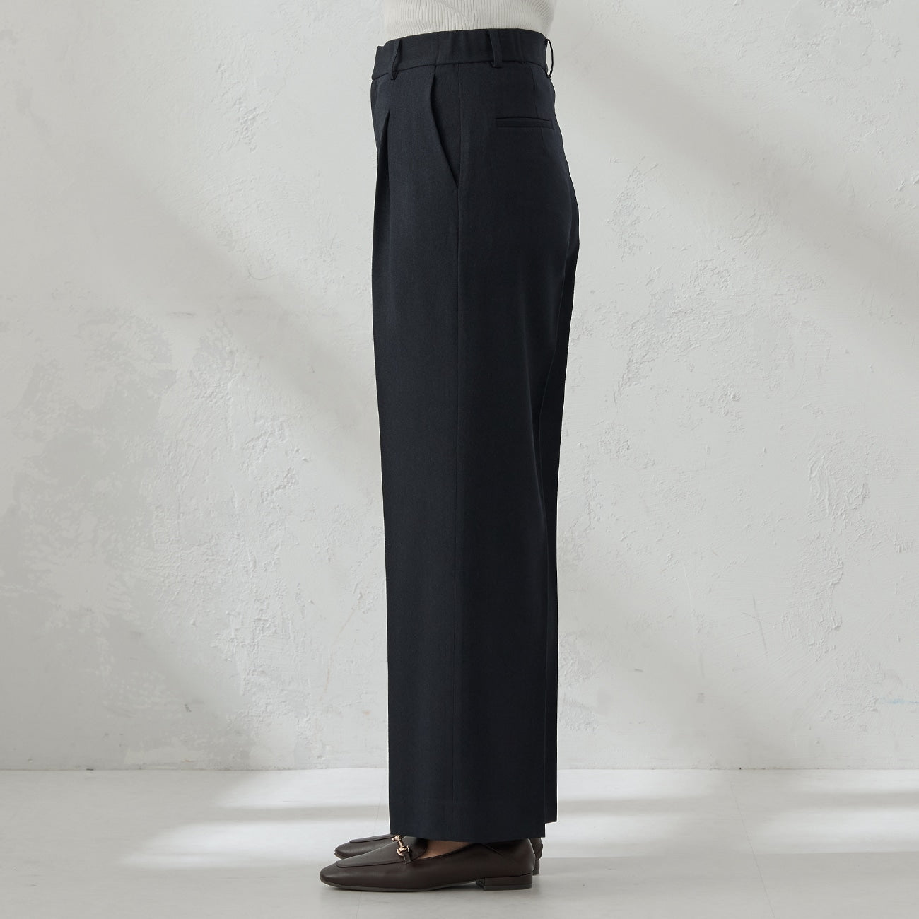 粗花呢鱼骨纹 宽松长裤 -深蓝