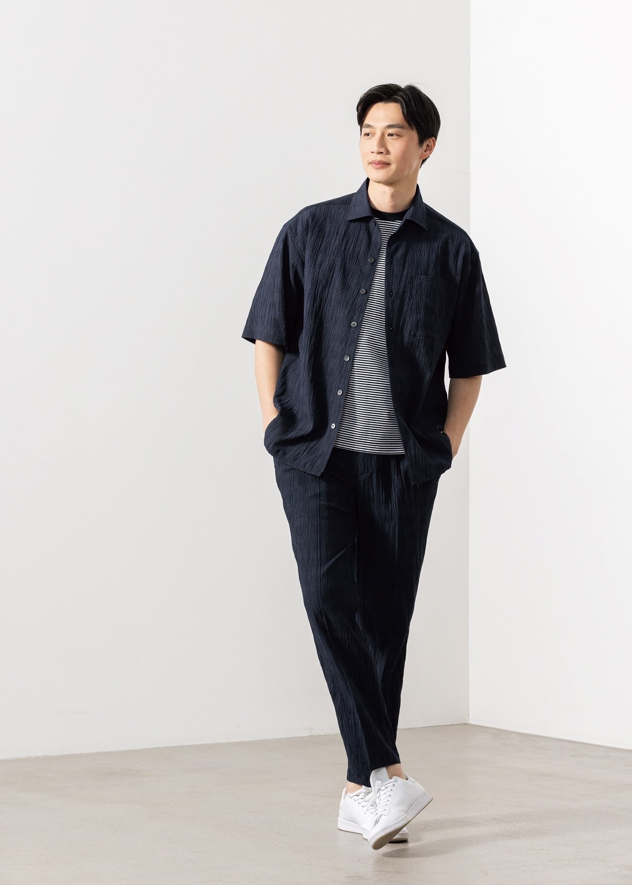 Pajama Suits Aircool Crepe Stretch Short Sleeve Shirt Jacket - Navy_02