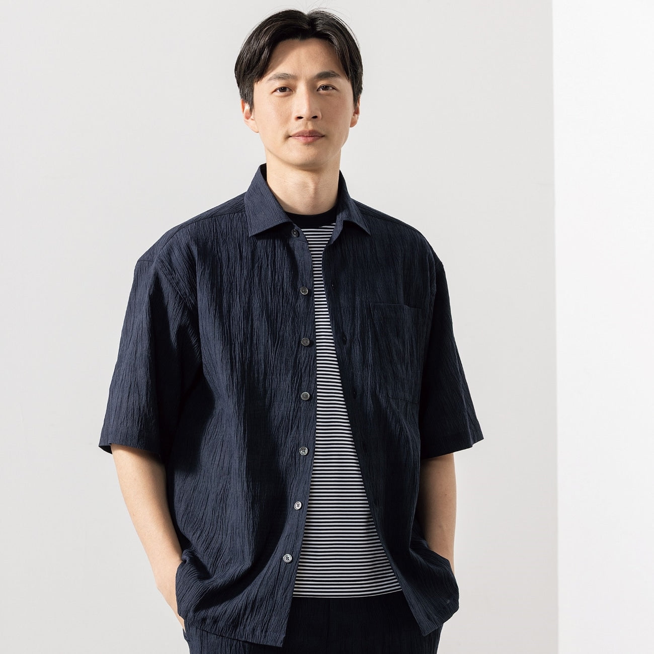 Pajama Suits Aircool Crepe Stretch Short Sleeve Shirt Jacket - Navy_01