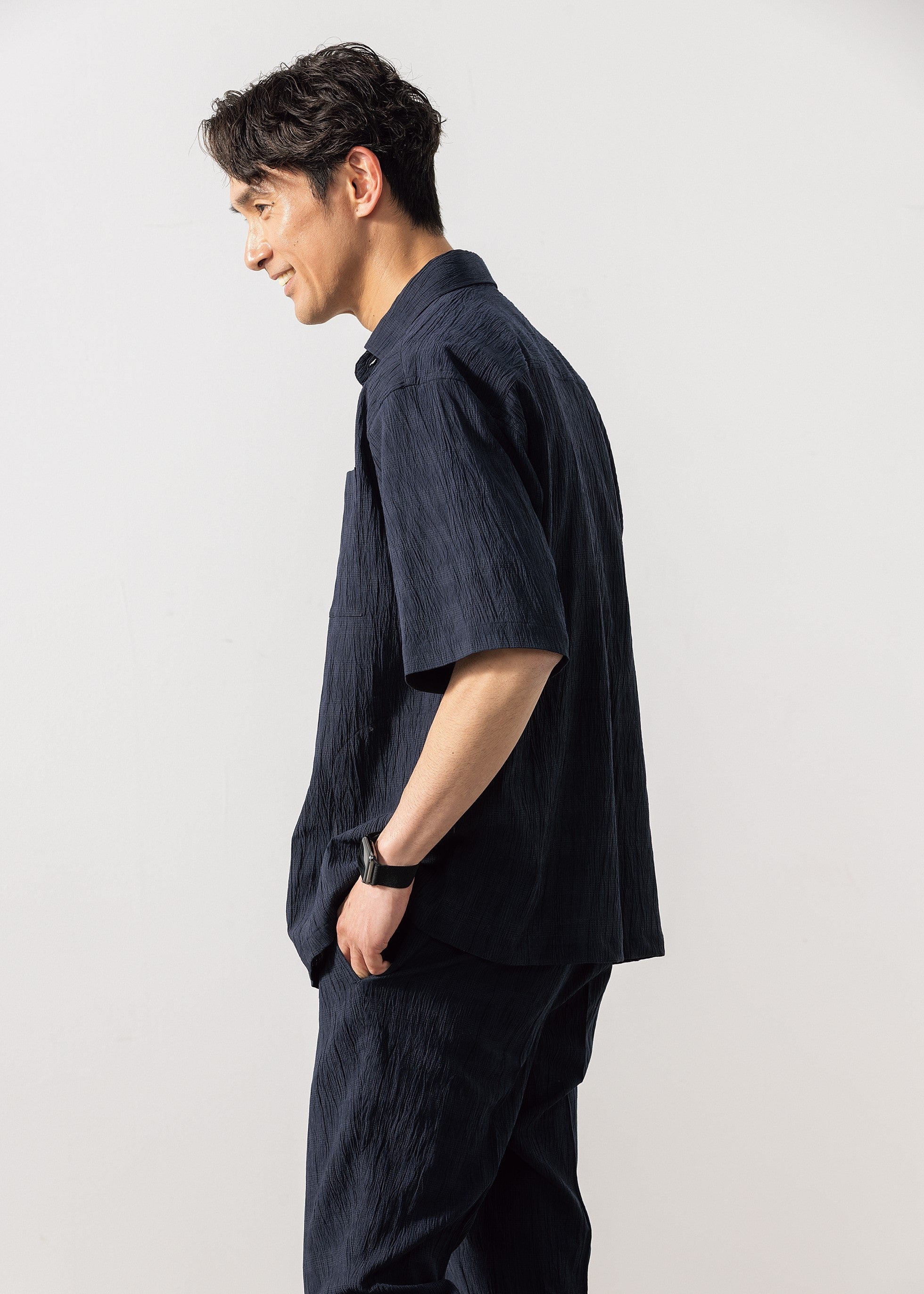 Pajama Suits Aircool Crepe Stretch Short Sleeve Shirt Jacket - Navy_04