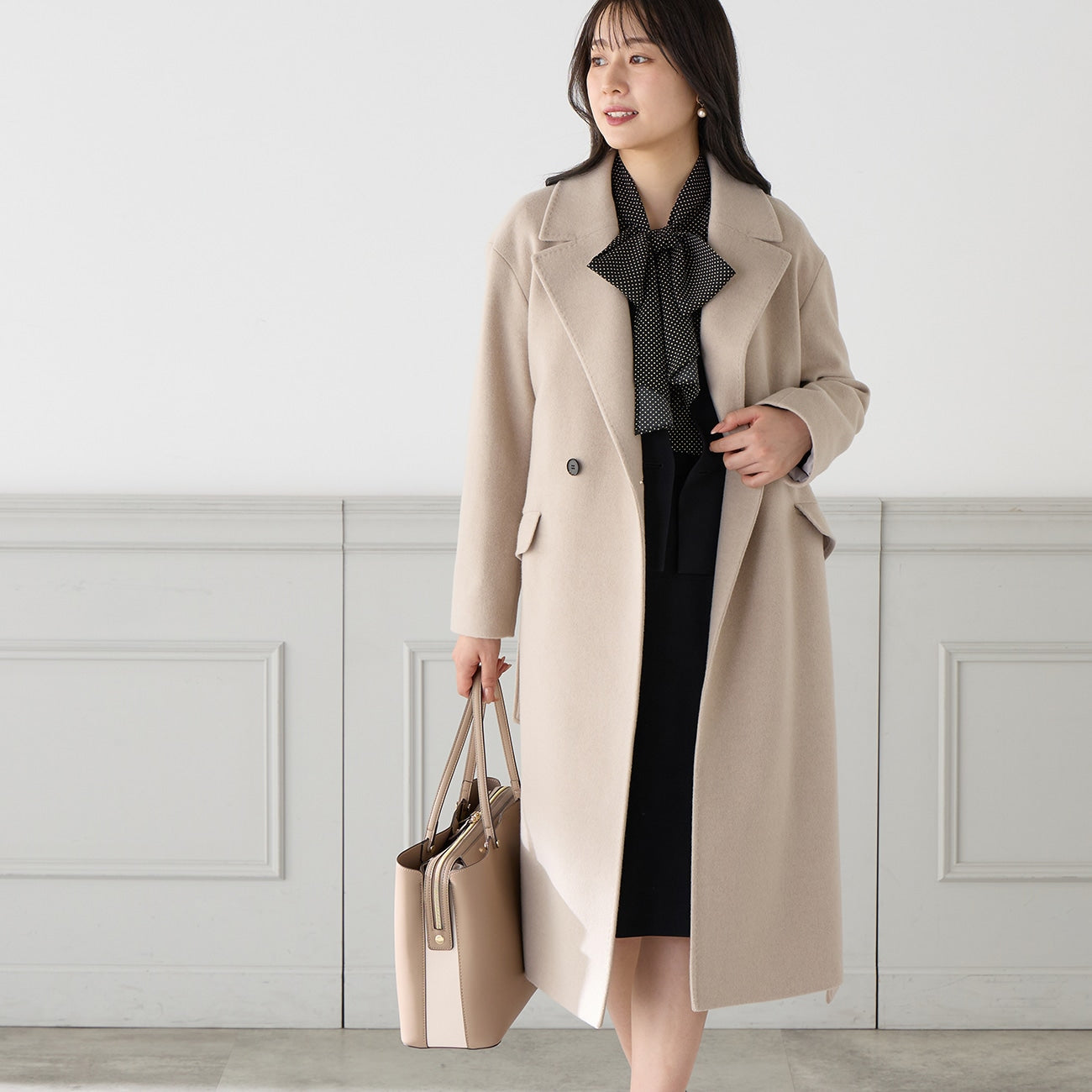 Japanese Fabric Long Coat with Belt - Beige_02