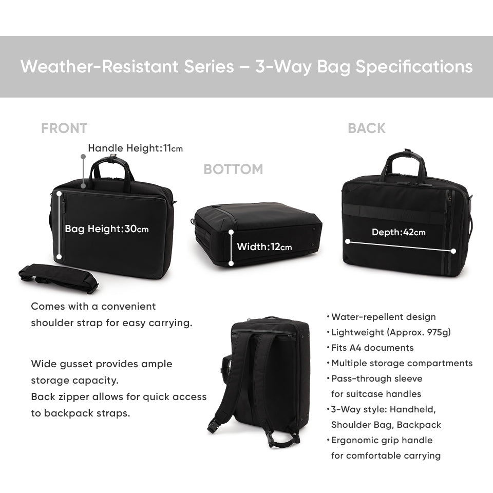 Waterproof Lightweight 3-way Bag - Black