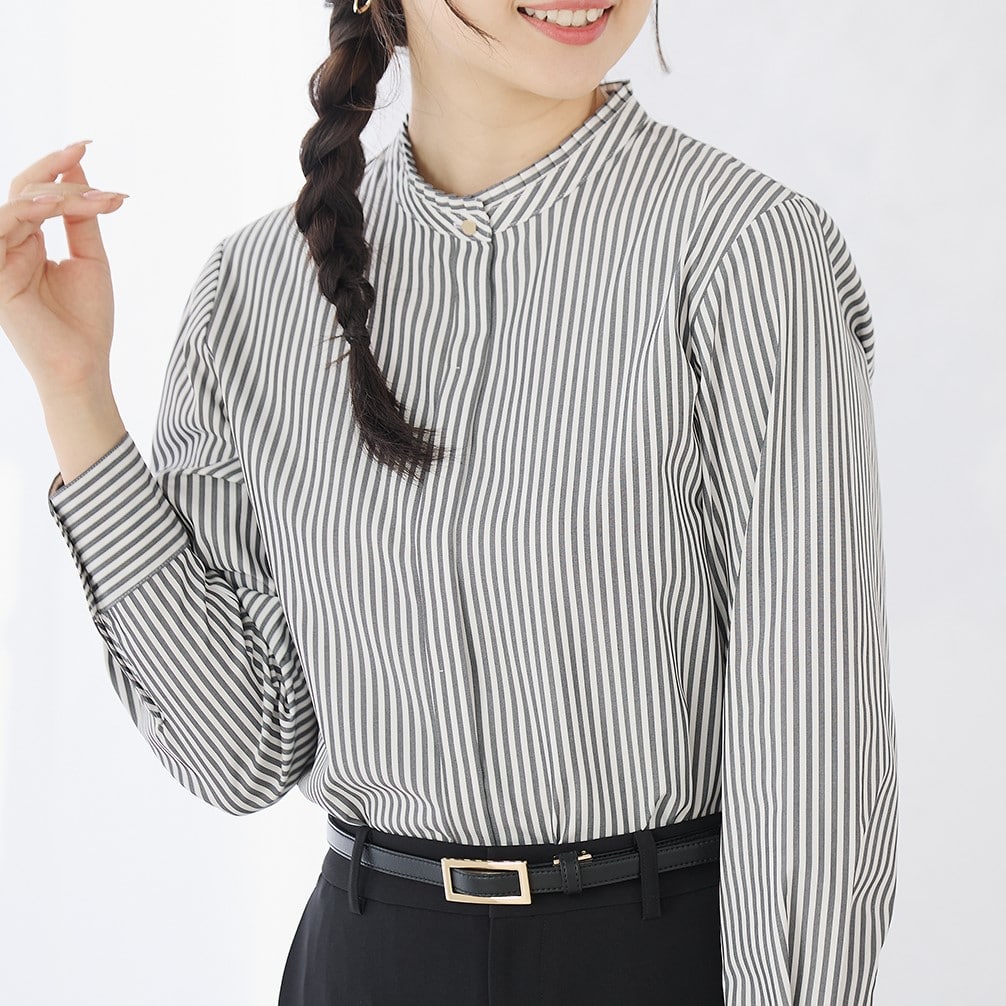 Form-stable Ruffle Stripe Shirt - Gray_02